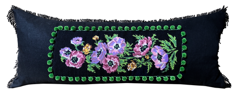 Floral Tapestry Cushion Black Fringe