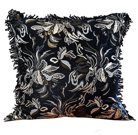 Floral Lurex Cushion Silver Fringe