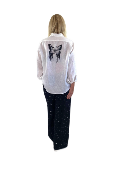 Rose Linen Shirt with 'The Butterfly Effect' print